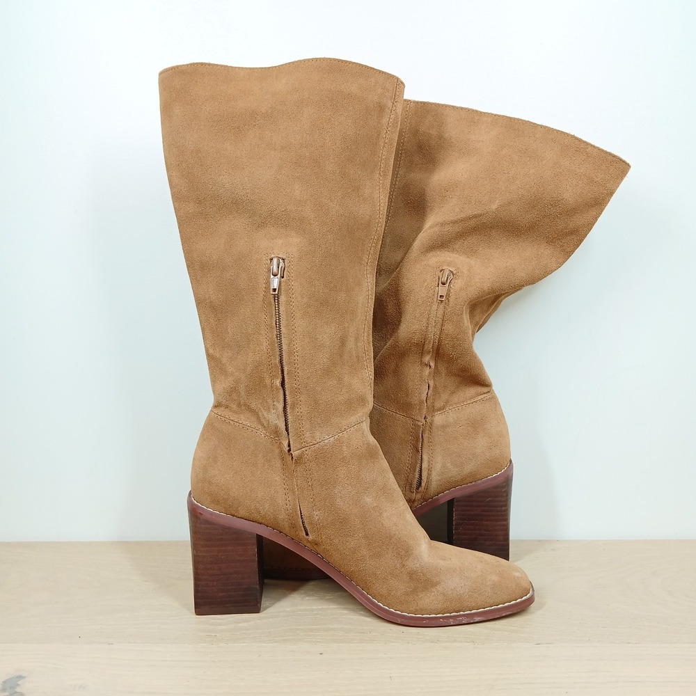 Crown Vintage Mid Calf Slouch Boots Women's 8.5 Tan Suede Block Heel 70s Retro - Picture 4 of 12